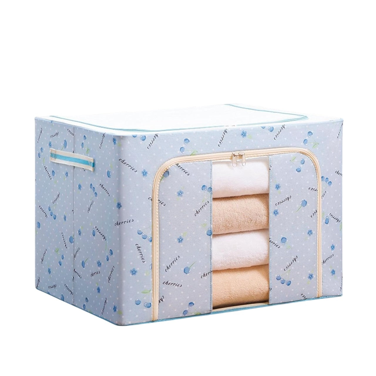 Cutie de Depozitare Pliabila, 100 L, din Tesatura Oxford, 60x42x40 cm, Fereastra Frontala, 2 Usi de Acces cu Fermoar Bidirectional, Cadru Metalic, Suport Baza Stabil din Plastic, Imprimeu Cirese, Albastru