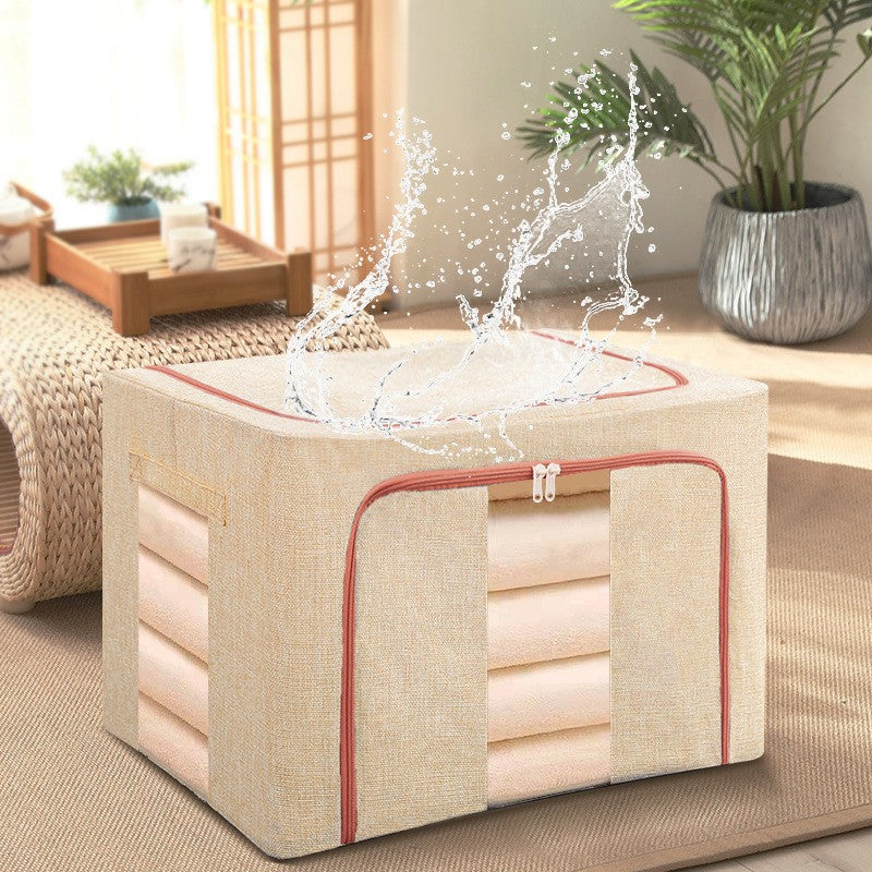Cutie de Depozitare Pliabila, 24 L, din Bumbac si In, 40x30x20 cm, 2 Ferestre, Frontala si Laterala, 2 Usi de Acces cu Fermoar Bidirectional, Cadru Metalic, Suport Baza Stabil din Plastic, Bej