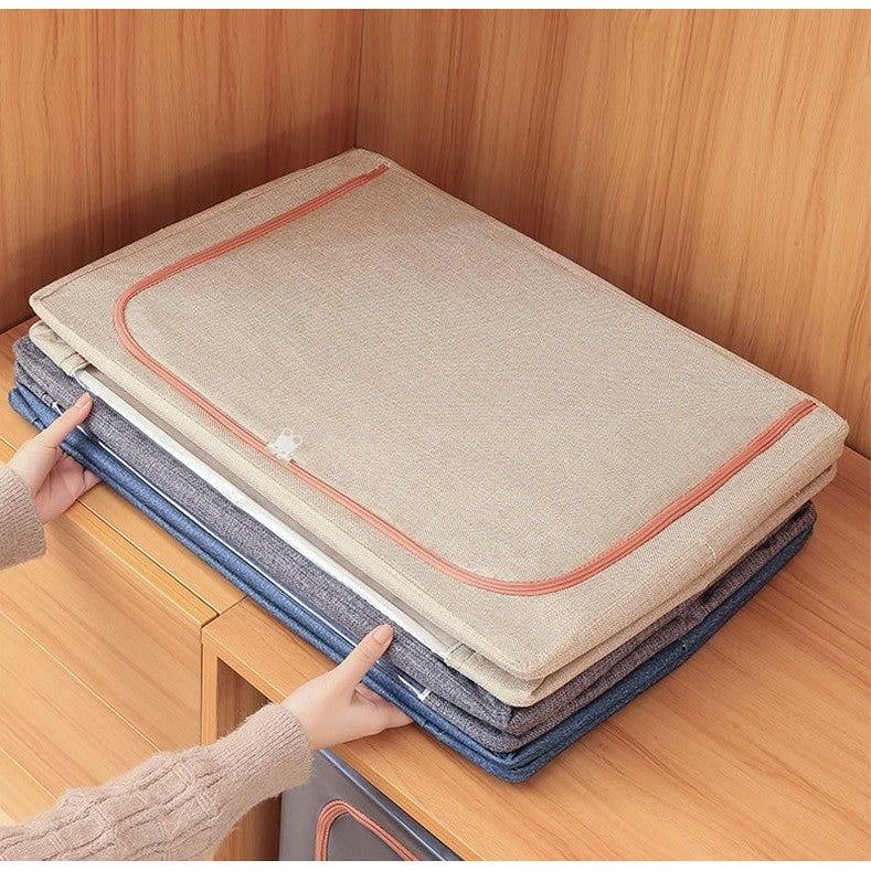 Cutie de Depozitare Pliabila, 24 L, din Bumbac si In, 40x30x20 cm, 2 Ferestre, Frontala si Laterala, 2 Usi de Acces cu Fermoar Bidirectional, Cadru Metalic, Suport Baza Stabil din Plastic, Bej