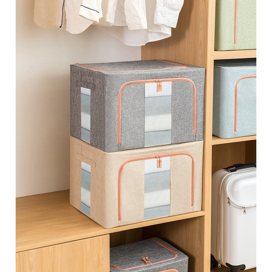 Cutie de Depozitare Pliabila, 24 L, din Bumbac si In, 40x30x20 cm, 2 Ferestre, Frontala si Laterala, 2 Usi de Acces cu Fermoar Bidirectional, Cadru Metalic, Suport Baza Stabil din Plastic, Bej
