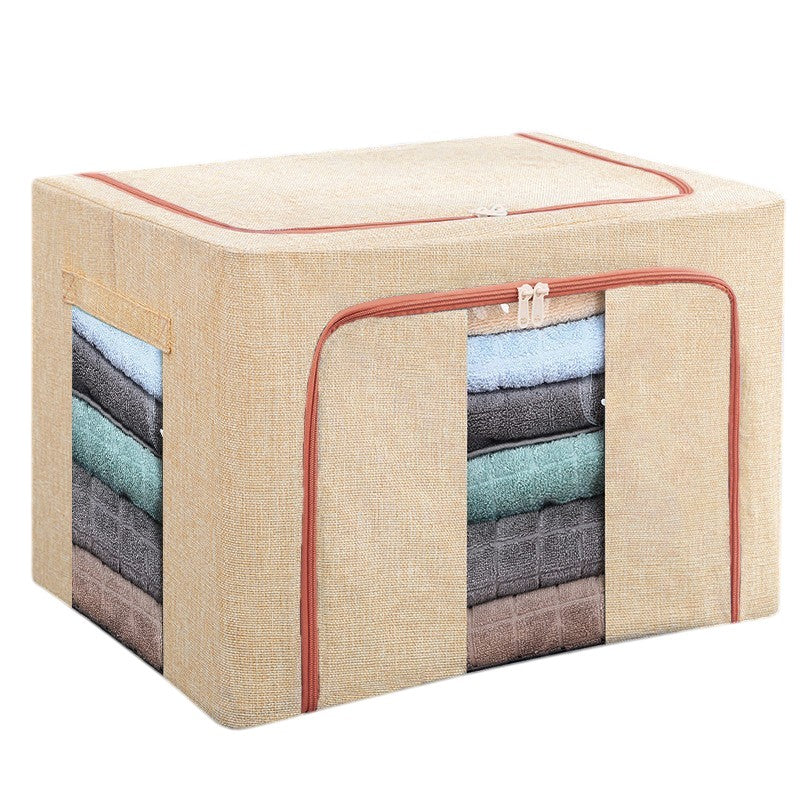 Cutie de Depozitare Pliabila, 24 L, din Bumbac si In, 40x30x20 cm, 2 Ferestre, Frontala si Laterala, 2 Usi de Acces cu Fermoar Bidirectional, Cadru Metalic, Suport Baza Stabil din Plastic, Bej