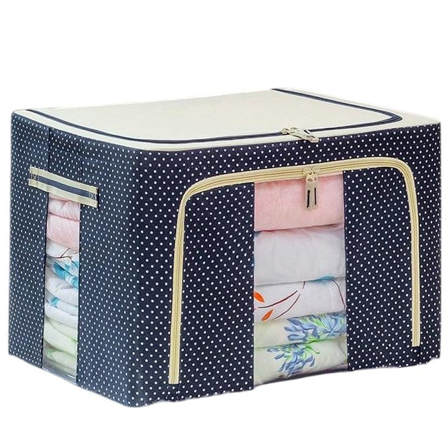 Cutie de Depozitare Pliabila, 24 L, Panza Oxford, 40x30x20 cm, Fereastra Frontala, 2 Usi de Acces cu Fermoar Bidirectional, Cadru Metalic, Suport Baza Stabil din Plastic, Imprimeu buline, Albastru Marin