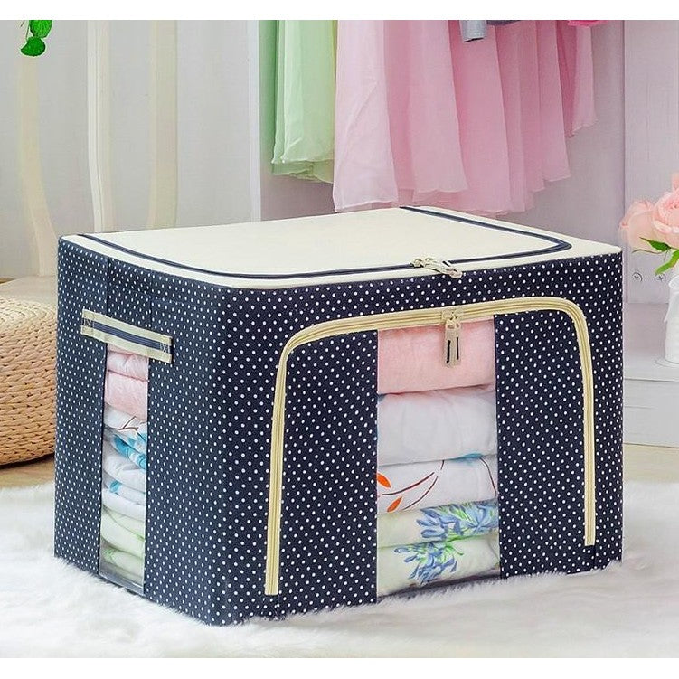 Cutie de Depozitare Pliabila, 24 L, Panza Oxford, 40x30x20 cm, Fereastra Frontala, 2 Usi de Acces cu Fermoar Bidirectional, Cadru Metalic, Suport Baza Stabil din Plastic, Imprimeu buline, Albastru Marin