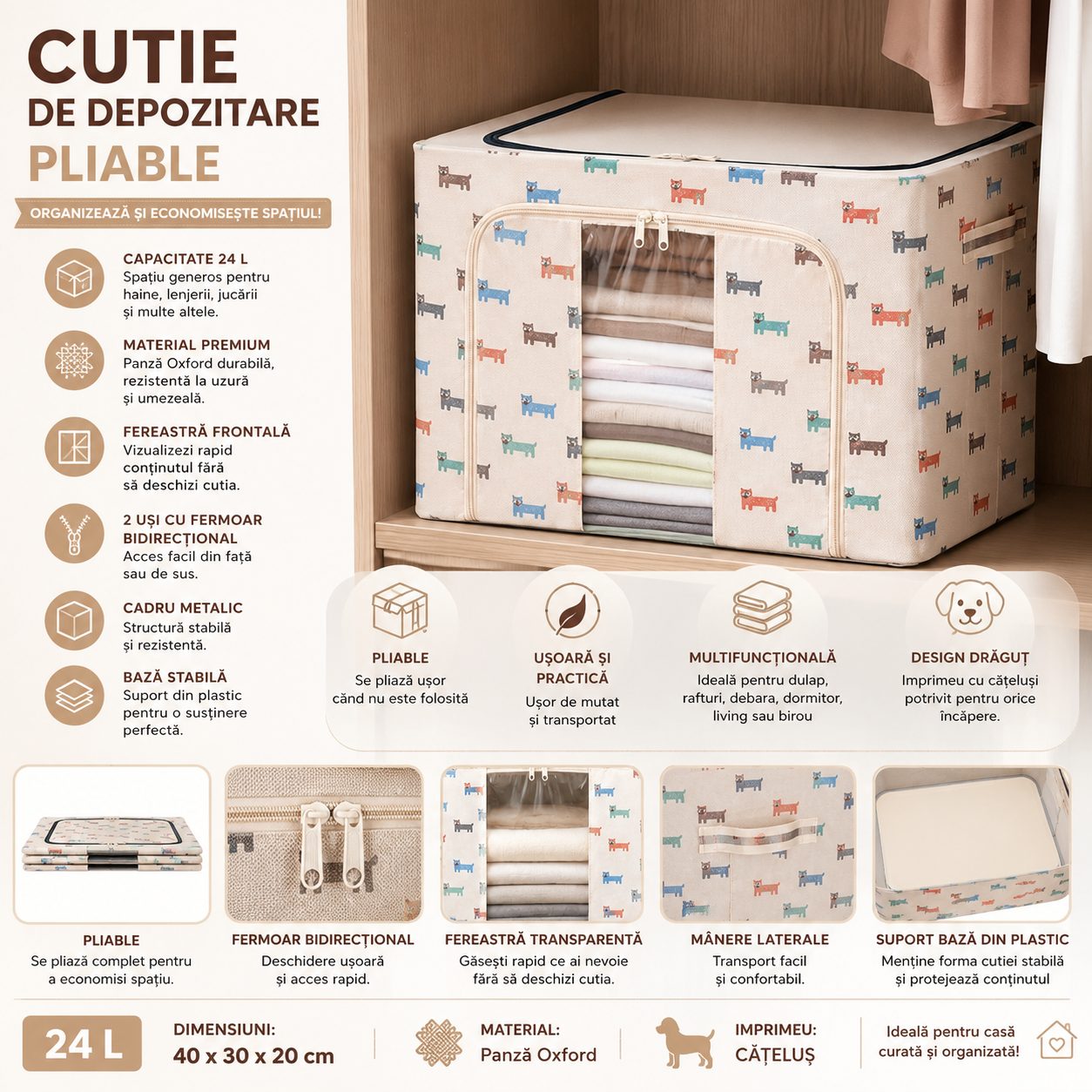 Cutie de Depozitare Pliabila, 24 L, Panza Oxford, 40x30x20 cm, Fereastra Frontala, 2 Usi de Acces cu Fermoar Bidirectional, Cadru Metalic, Suport Baza Stabil din Plastic, Imprimeu Catelus, Bej