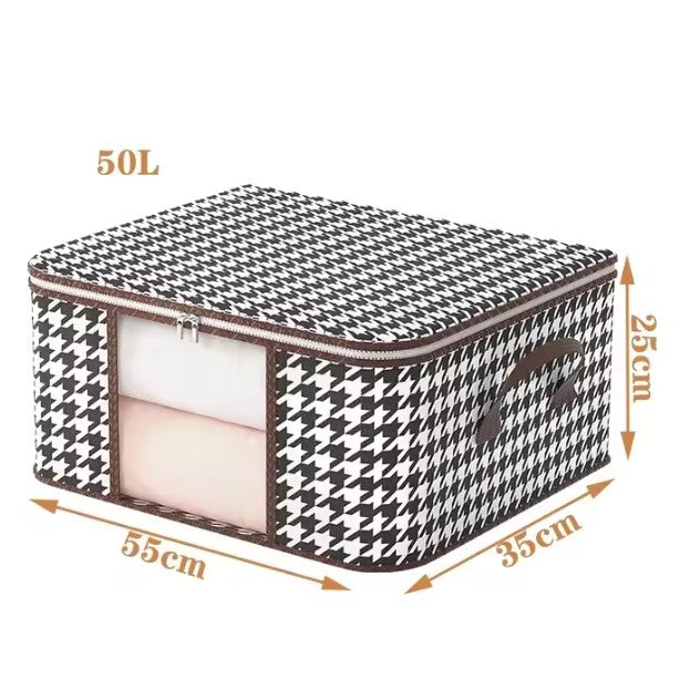 Cutie de Depozitare Pliabila, 55x35x25 cm, 50 L, Fereastra Frontala, cu Fermoar Bidirectional, Suport Baza Stabil, Imprimeu in Carouri