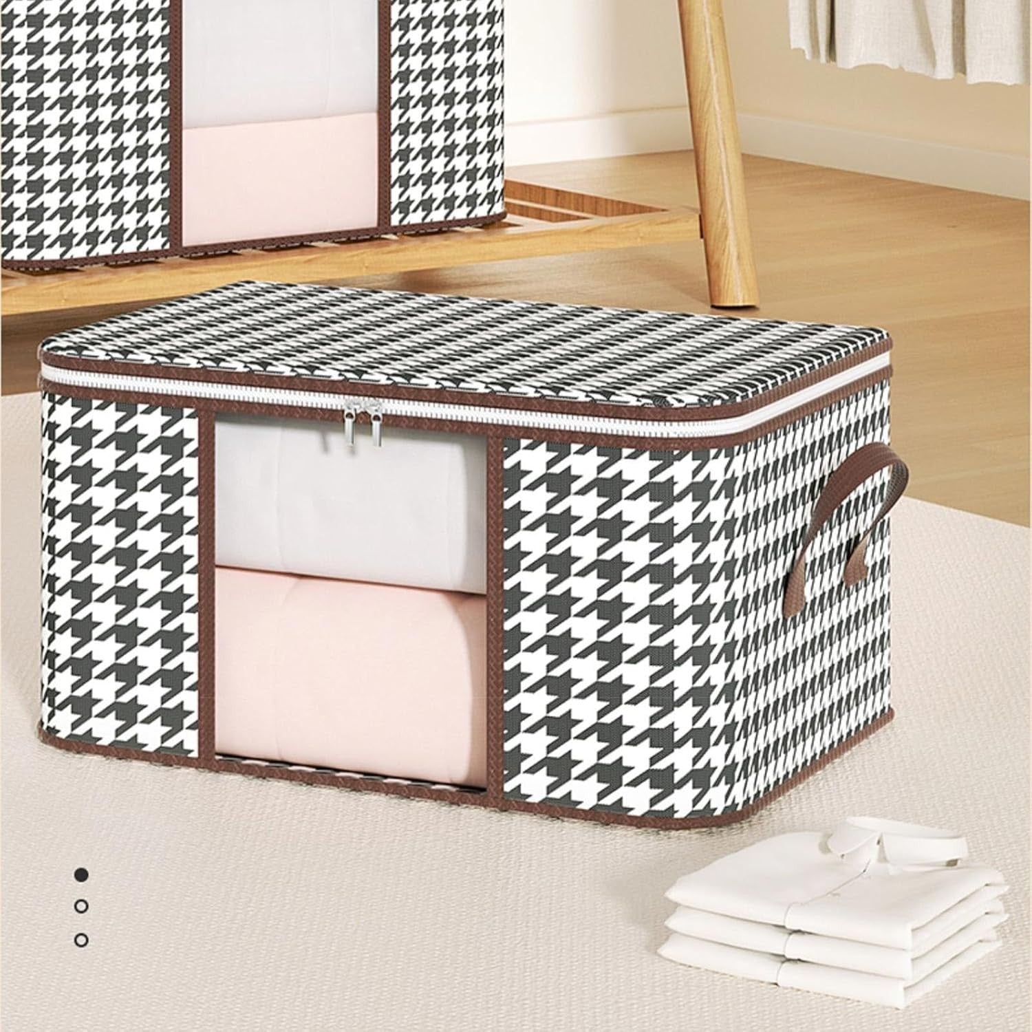 Cutie de Depozitare Pliabila, 55x35x25 cm, 50 L, Fereastra Frontala, cu Fermoar Bidirectional, Suport Baza Stabil, Imprimeu in Carouri