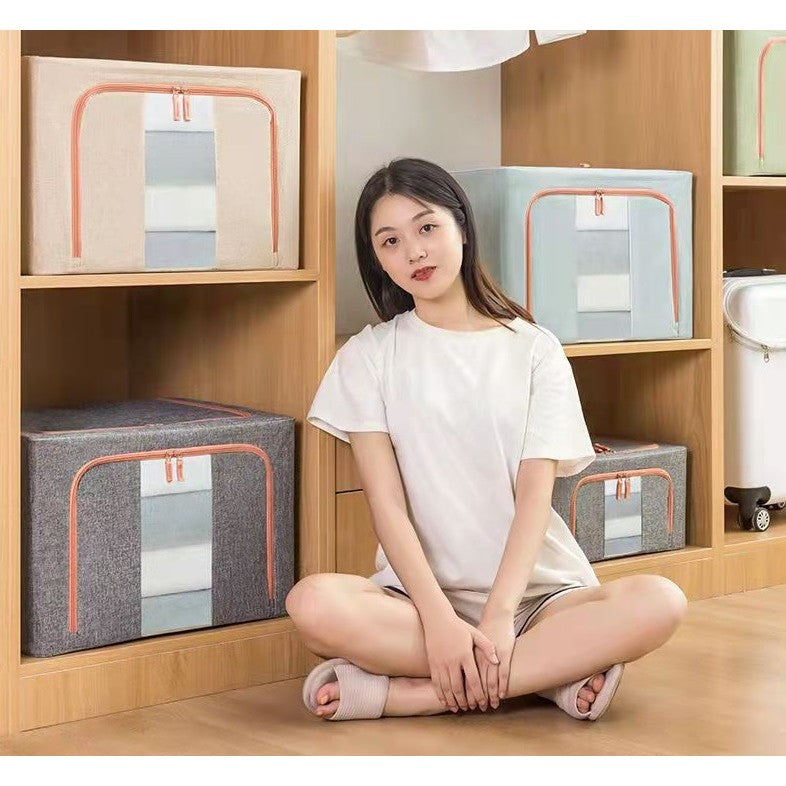 Cutie de Depozitare Pliabila, Flippy, 66 L, din Bumbac si In, 50x40x33 cm, Fereastra Frontala, 2 Usi de Acces cu Fermoar Bidirectional, Cadru Metalic, Suport Baza Stabil din Plastic, Gri