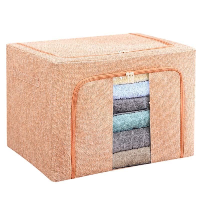 Cutie de Depozitare Pliabila, 66 L, din Bumbac si In, 50x40x33 cm, Fereastra Frontala, 2 Usi de Acces cu Fermoar Bidirectional, Cadru Metalic, Suport Baza Stabil din Plastic, Roz Pudrat
