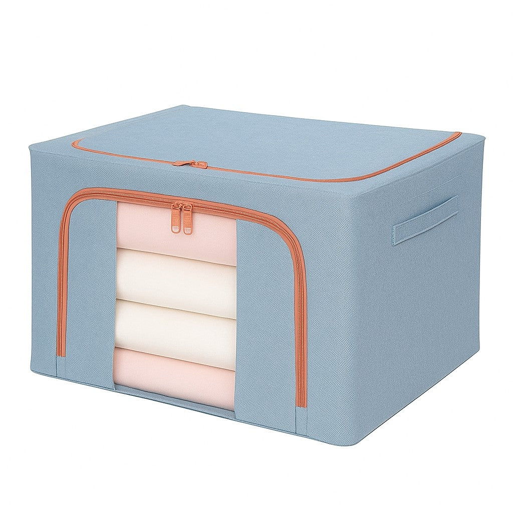 Cutie de Depozitare Pliabila, 66 L, din Bumbac si In, 50x40x33 cm, Fereastra Frontala Transparenta, 2 Usi de Acces cu Fermoar Bidirectional, Cadru Metalic, Suport Baza Stabil din Plastic, Bleu