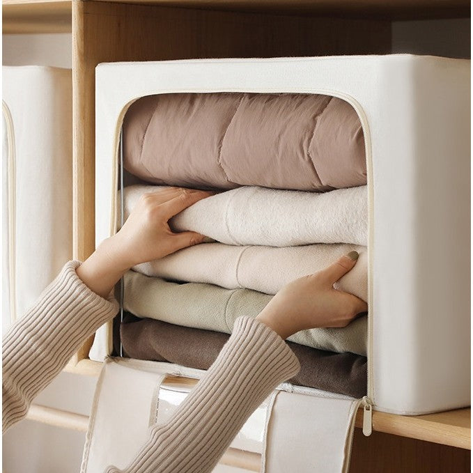 Cutie de Depozitare Pliabila, Cu Fereastra si Fermoar Dublu, 66 L, Textil Premium, 50x40x33 cm, Cadru Metalic, Impermeabila, Bej