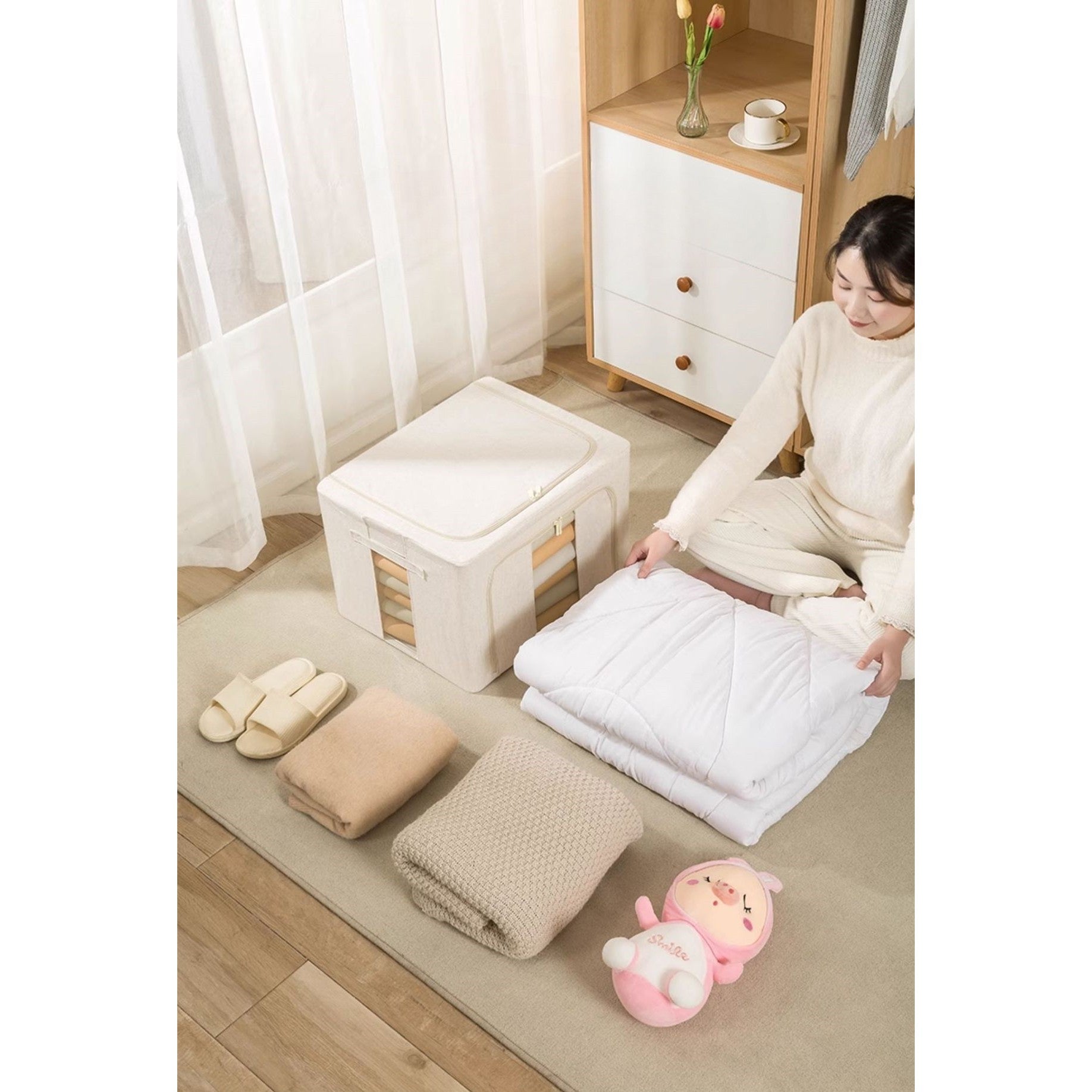 Cutie de Depozitare Pliabila, Cu Fereastra si Fermoar Dublu, 66 L, Textil Premium, 50x40x33 cm, Cadru Metalic, Impermeabila, Bej