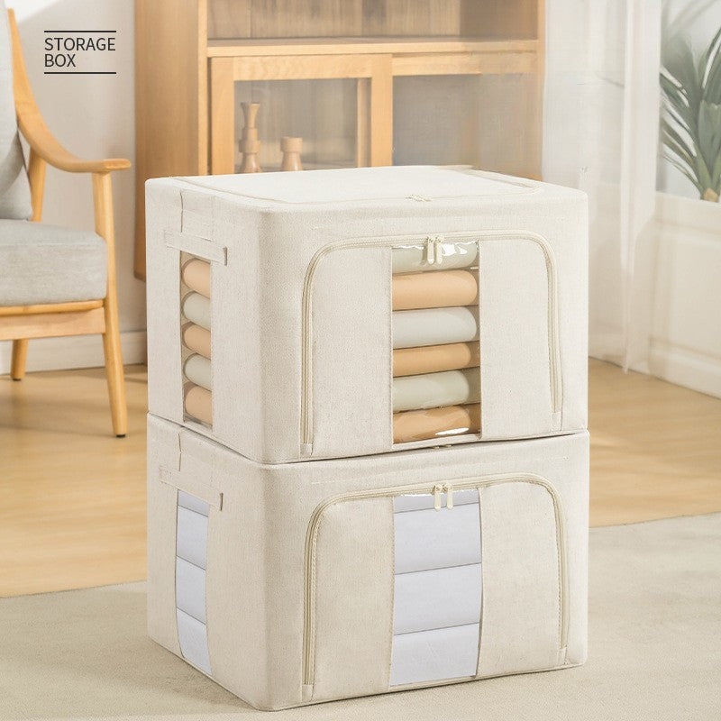 Cutie de Depozitare Pliabila, Cu Fereastra si Fermoar Dublu, 66 L, Textil Premium, 50x40x33 cm, Cadru Metalic, Impermeabila, Bej