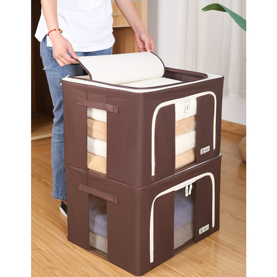 Cutie de Depozitare Pliabila, Cu Fereastra si Fermoar Dublu, 66 L, Textil Premium, 50x40x33 cm, Cadru Metalic, Impermeabila, Maro