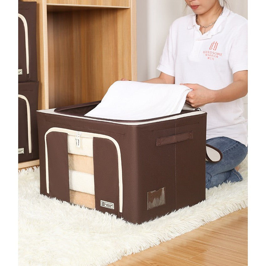 Cutie de Depozitare Pliabila, Cu Fereastra si Fermoar Dublu, 66 L, Textil Premium, 50x40x33 cm, Cadru Metalic, Impermeabila, Maro