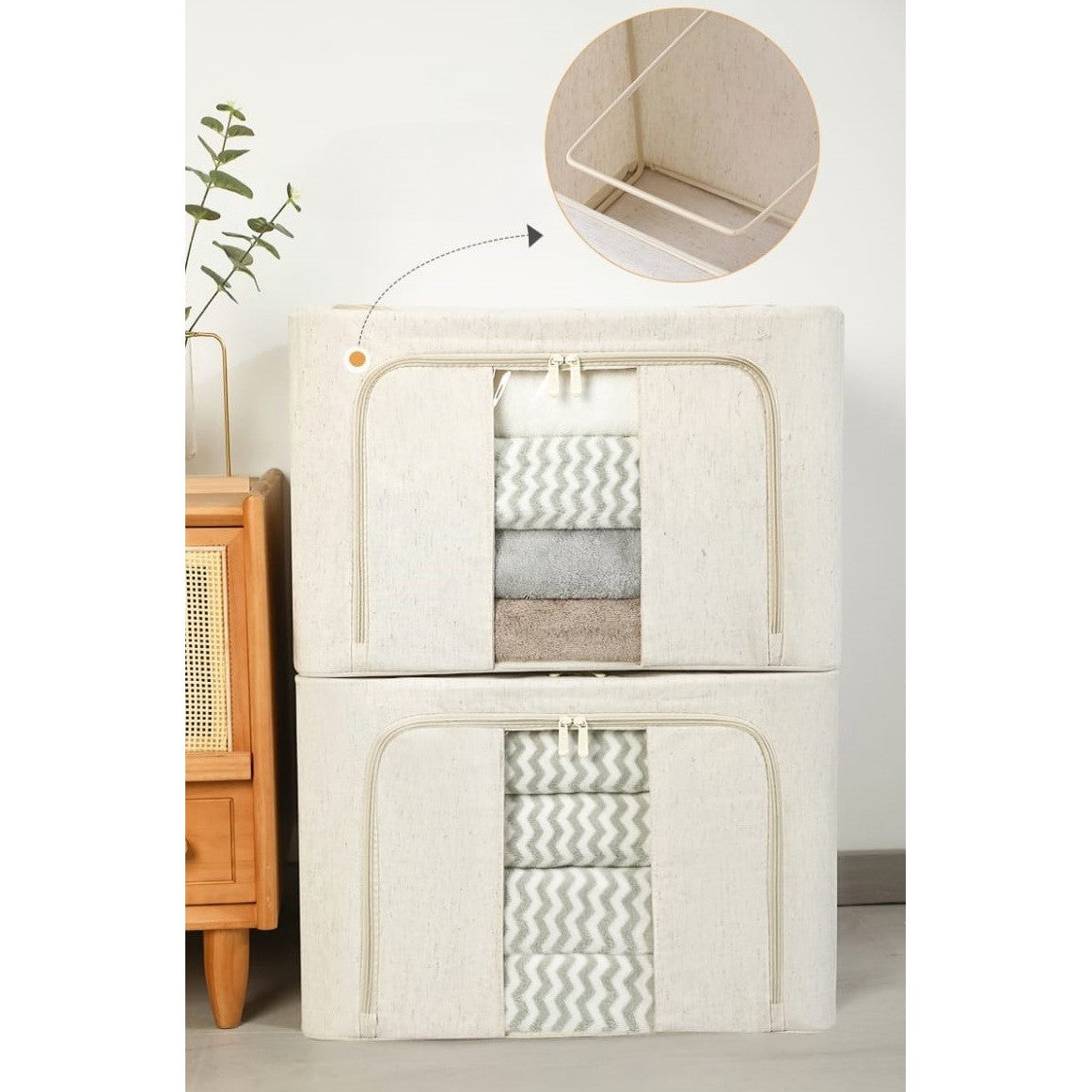 Cutie de Depozitare Pliabila, Cu Fereastra si Fermoar Dublu, 66 L, Textil Premium, 50x40x33 cm, Cadru Metalic, Impermeabila, Alb Texturat