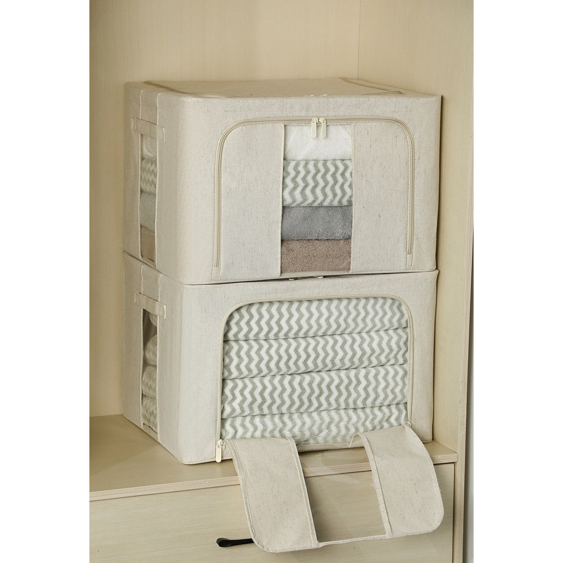Cutie de Depozitare Pliabila, Cu Fereastra si Fermoar Dublu, 66 L, Textil Premium, 50x40x33 cm, Cadru Metalic, Impermeabila, Alb Texturat
