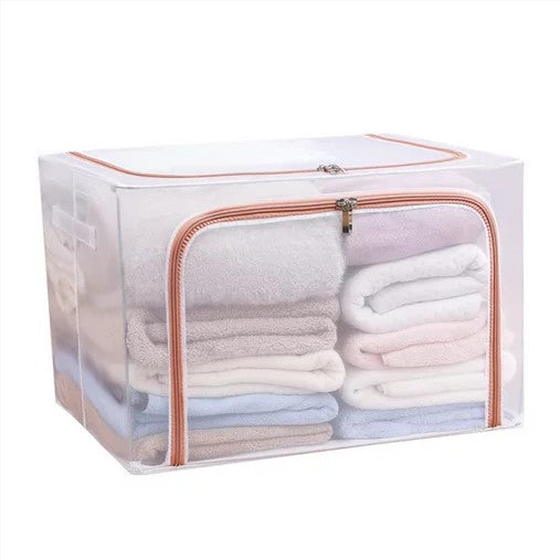 Cutie de Depozitare Pliabila, Cu Fereastra si Fermoar Dublu Rosu, 66 L, Textil, 50x40x33 cm, Cadru Metalic, Impermeabila, Transparent