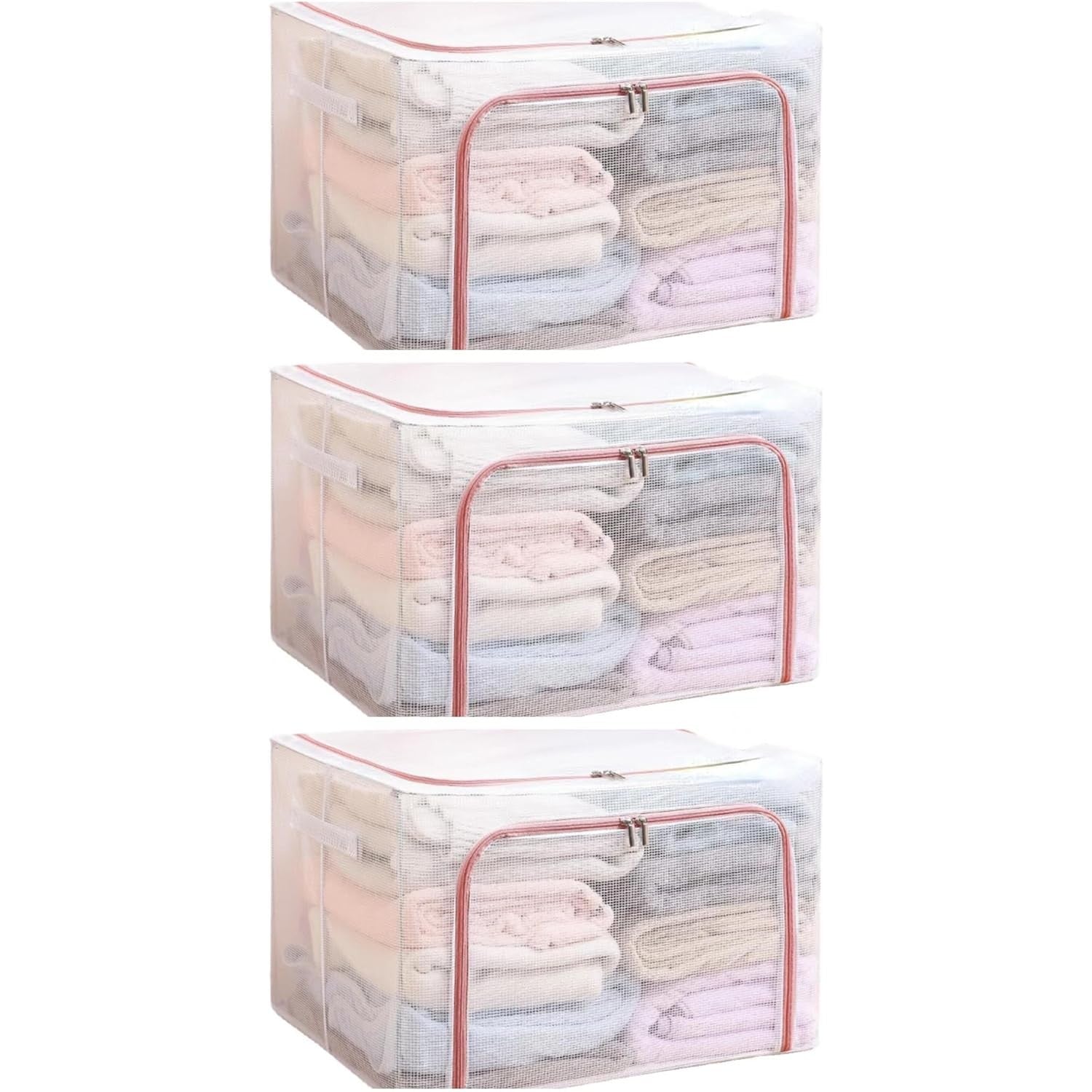 Cutie de Depozitare Pliabila, Cu Fereastra si Fermoar Dublu Rosu, 66 L, Textil, 50x40x33 cm, Cadru Metalic, Impermeabila, Transparent