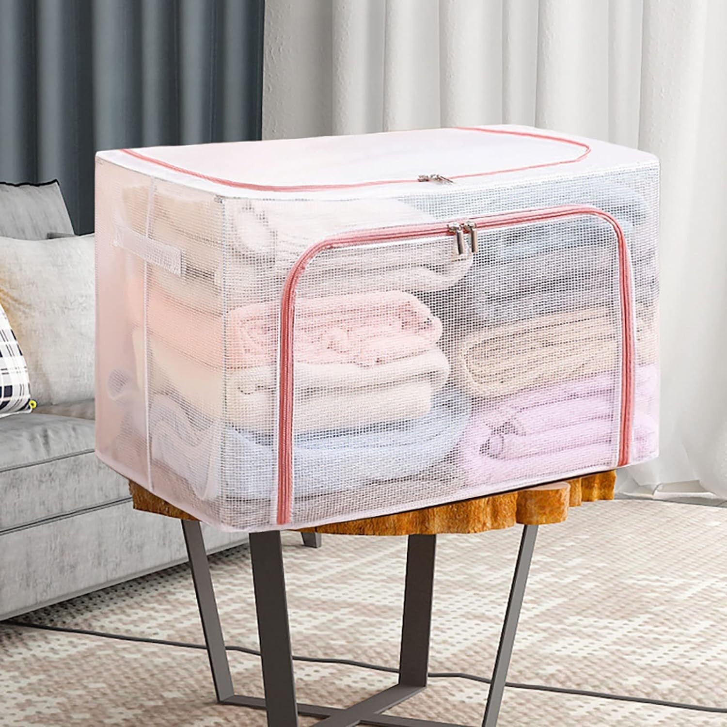Cutie de Depozitare Pliabila, Cu Fereastra si Fermoar Dublu Rosu, 66 L, Textil, 50x40x33 cm, Cadru Metalic, Impermeabila, Transparent