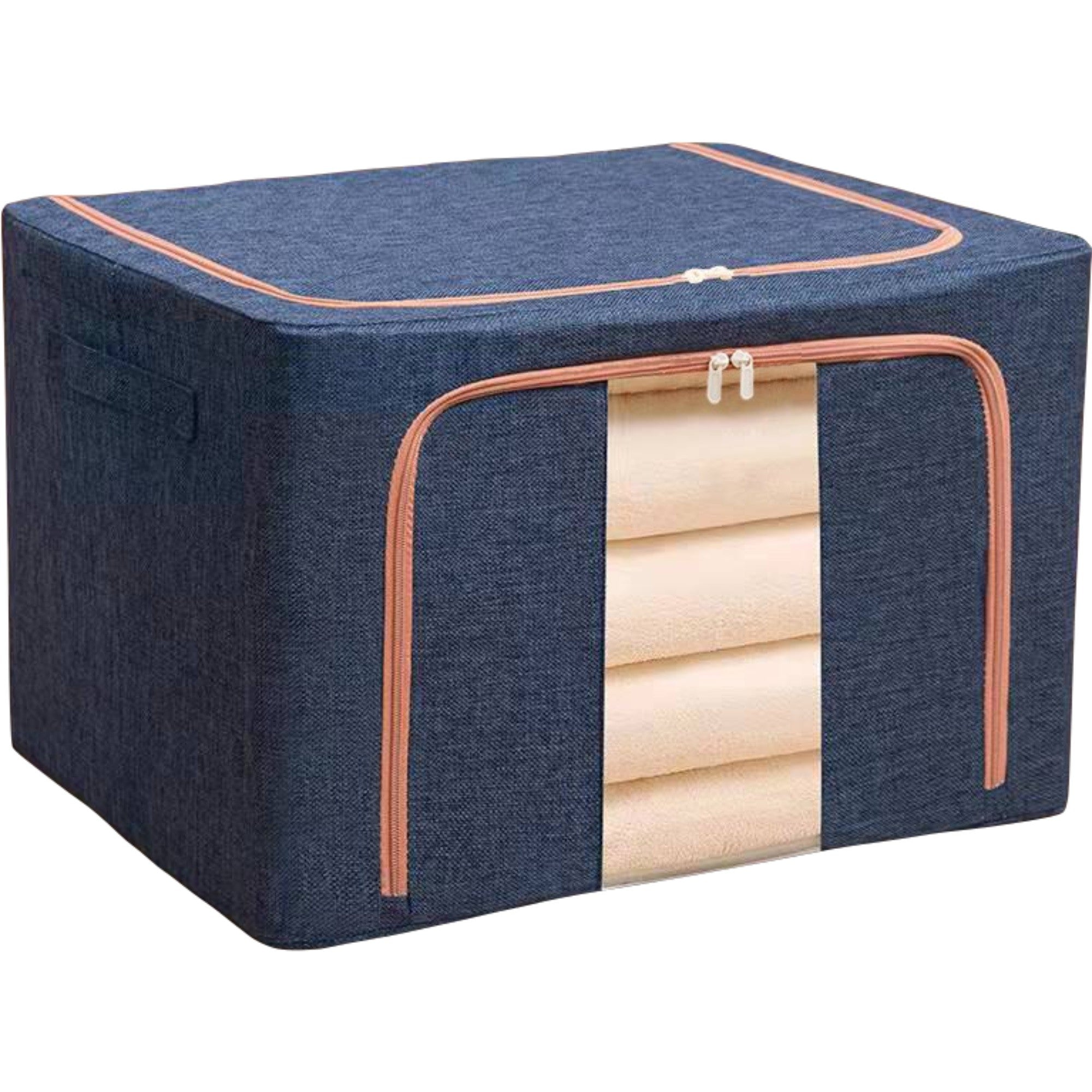 Cutie de depozitare pliabila, Cu fermoar, 100 L, Textil, 60x42x40 cm, Cadru Metalic, Suport Baza Stabil din Plastic, Albastru Marin