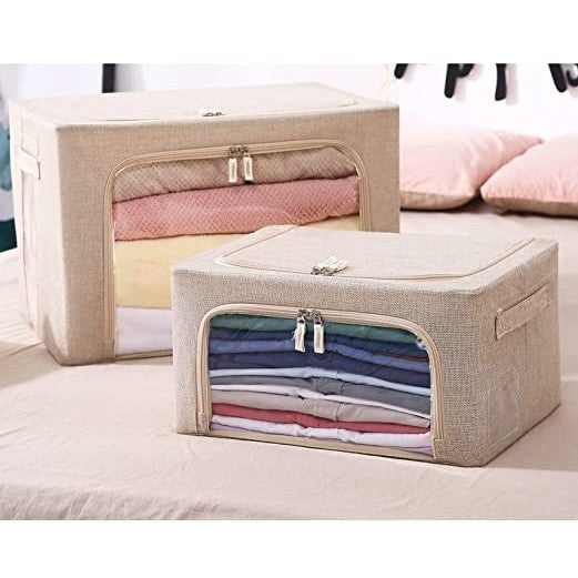 Cutie de depozitare pliabila, Cu fermoar, 100 L, Textil, 60x42x40 cm, Cadru Metalic, Suport Baza Stabil din Plastic, Crem cu Doua Ferestre