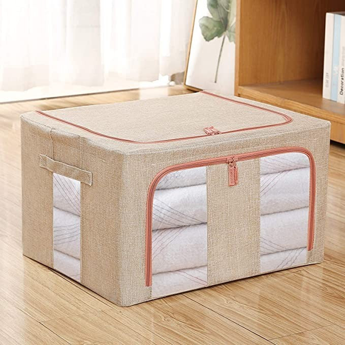 Cutie de depozitare pliabila, Cu fermoar, 100 L, Textil, 60x42x40 cm, Cadru Metalic, Suport Baza Stabil din Plastic, Crem cu Doua Ferestre