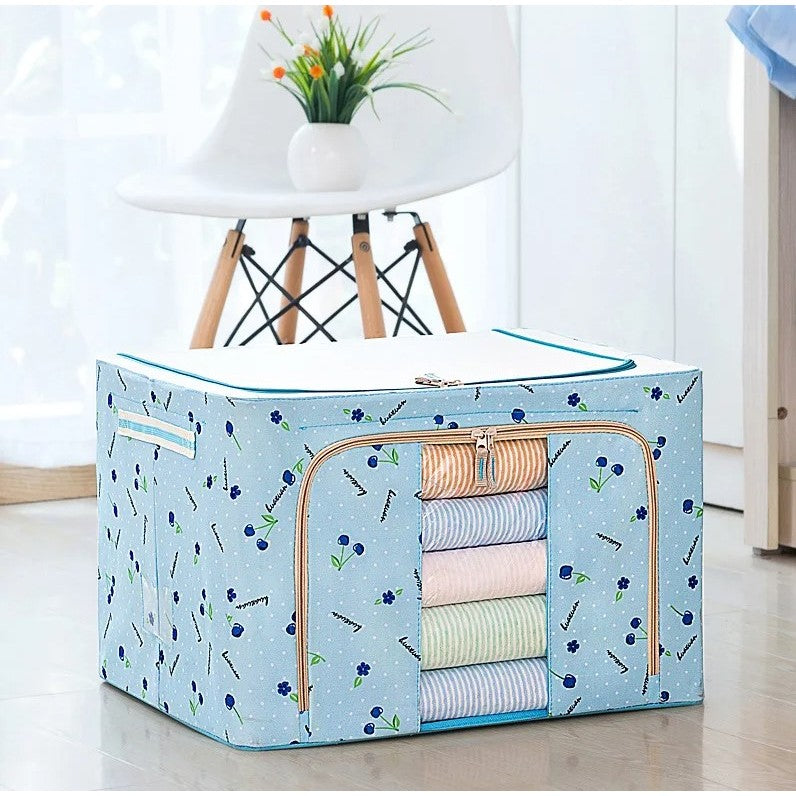 Cutie de Depozitare Pliabila, 100 L, din Tesatura Oxford, 60x42x40 cm, Fereastra Frontala, 2 Usi de Acces cu Fermoar Bidirectional, Cadru Metalic, Suport Baza Stabil din Plastic, Imprimeu Cirese, Albastru