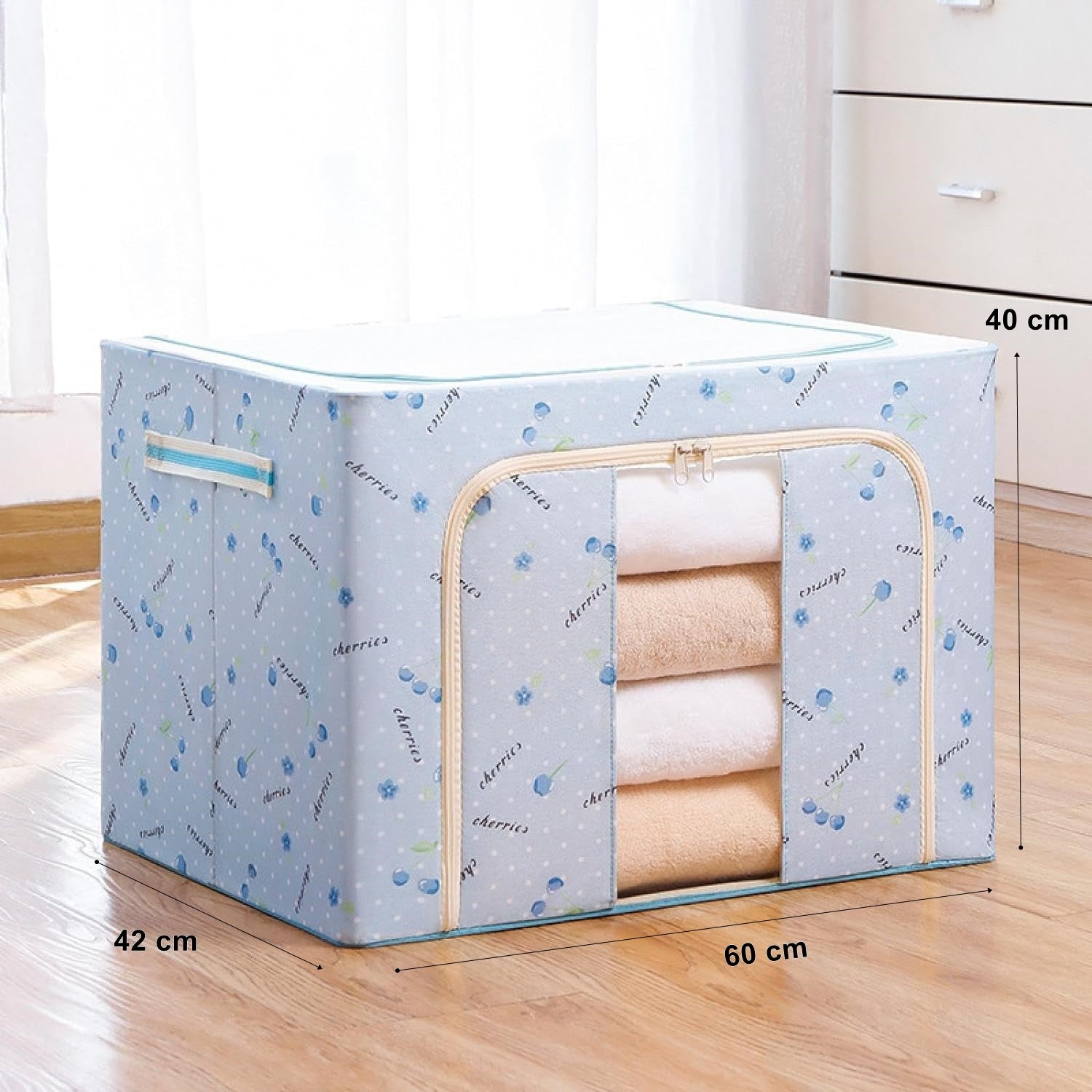 Cutie de Depozitare Pliabila, 100 L, din Tesatura Oxford, 60x42x40 cm, Fereastra Frontala, 2 Usi de Acces cu Fermoar Bidirectional, Cadru Metalic, Suport Baza Stabil din Plastic, Imprimeu Cirese, Albastru