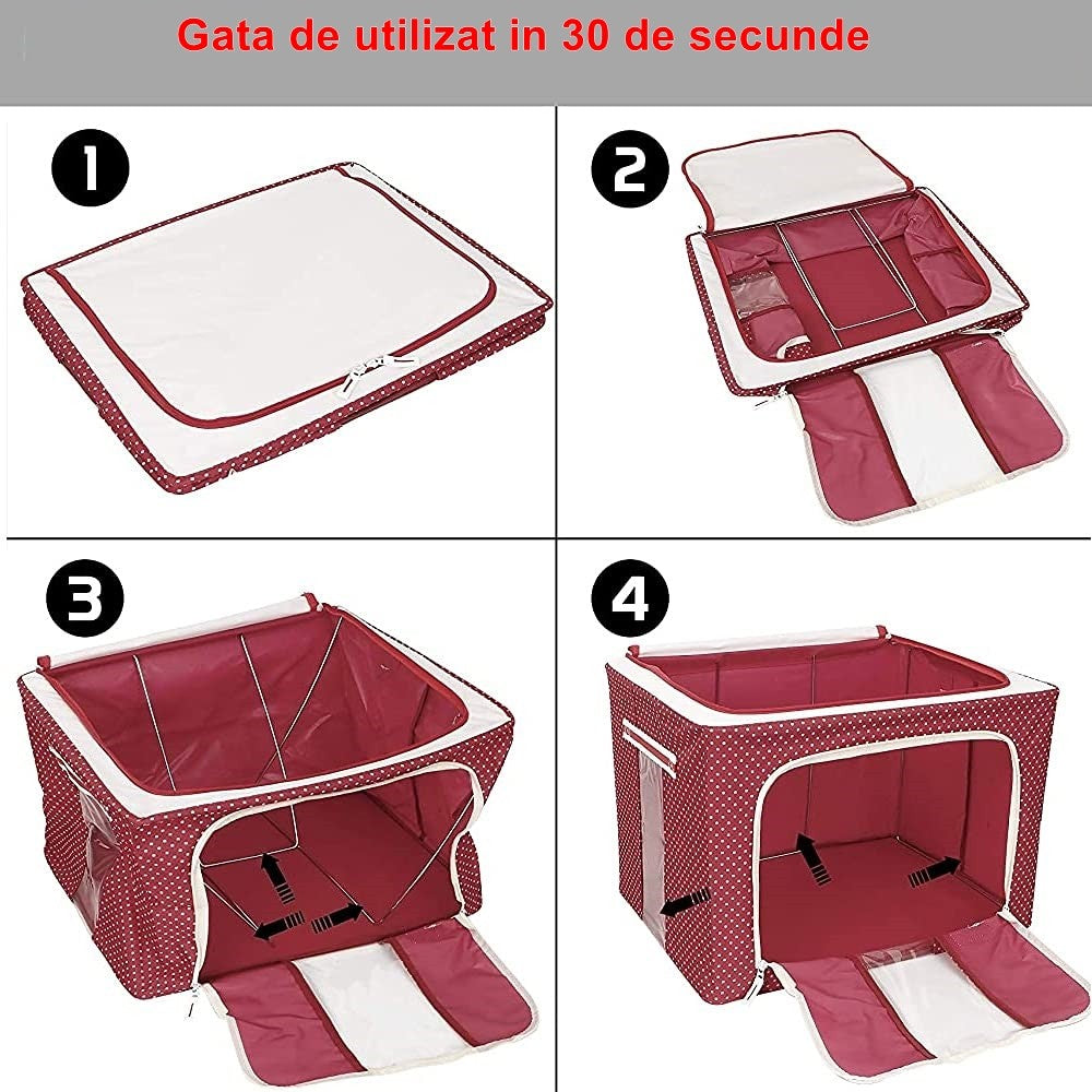 Cutie de Depozitare Pliabila, cu Fermoar, 100 L, Textil, 60x42x40 cm, O Fereastra, Cadru Metalic, Suport Baza Stabil din Plastic, imprimeu punctat, Rosu