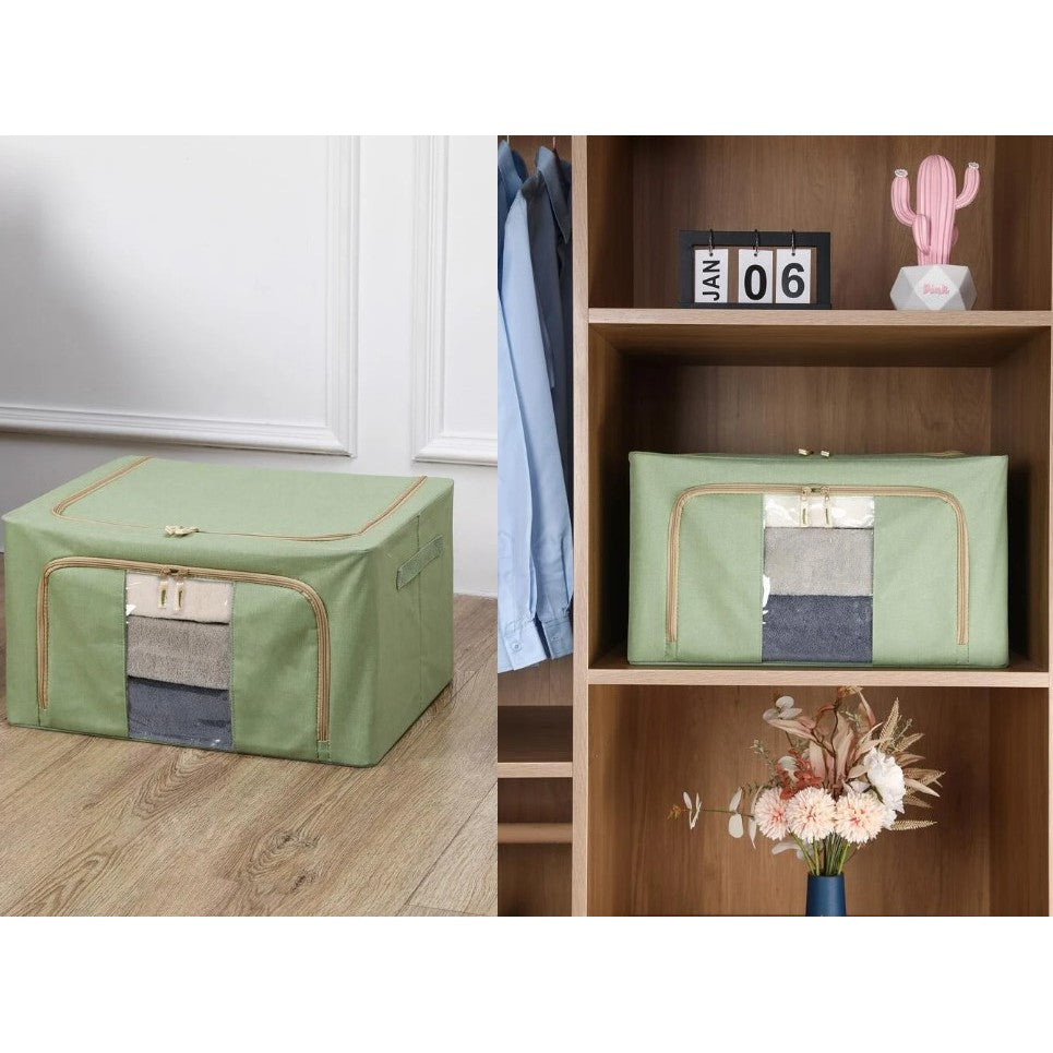 Cutie de depozitare pliabila, Cu fermoar, 100 L, Textil, 60x42x40 cm, Cadru Metalic, Suport Baza Stabil din Plastic, Verde