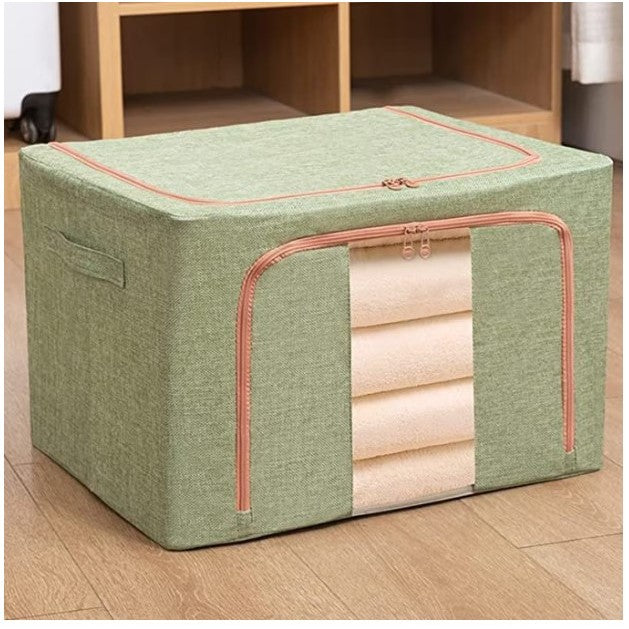 Cutie de depozitare pliabila, Cu fermoar, 100 L, Textil, 60x42x40 cm, Cadru Metalic, Suport Baza Stabil din Plastic, Verde