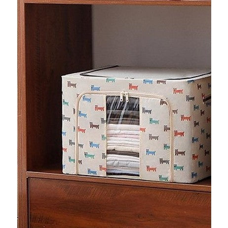 Cutie de Depozitare Pliabila, 24 L, Panza Oxford, 40x30x20 cm, Fereastra Frontala, 2 Usi de Acces cu Fermoar Bidirectional, Cadru Metalic, Suport Baza Stabil din Plastic, Imprimeu Catelus, Bej