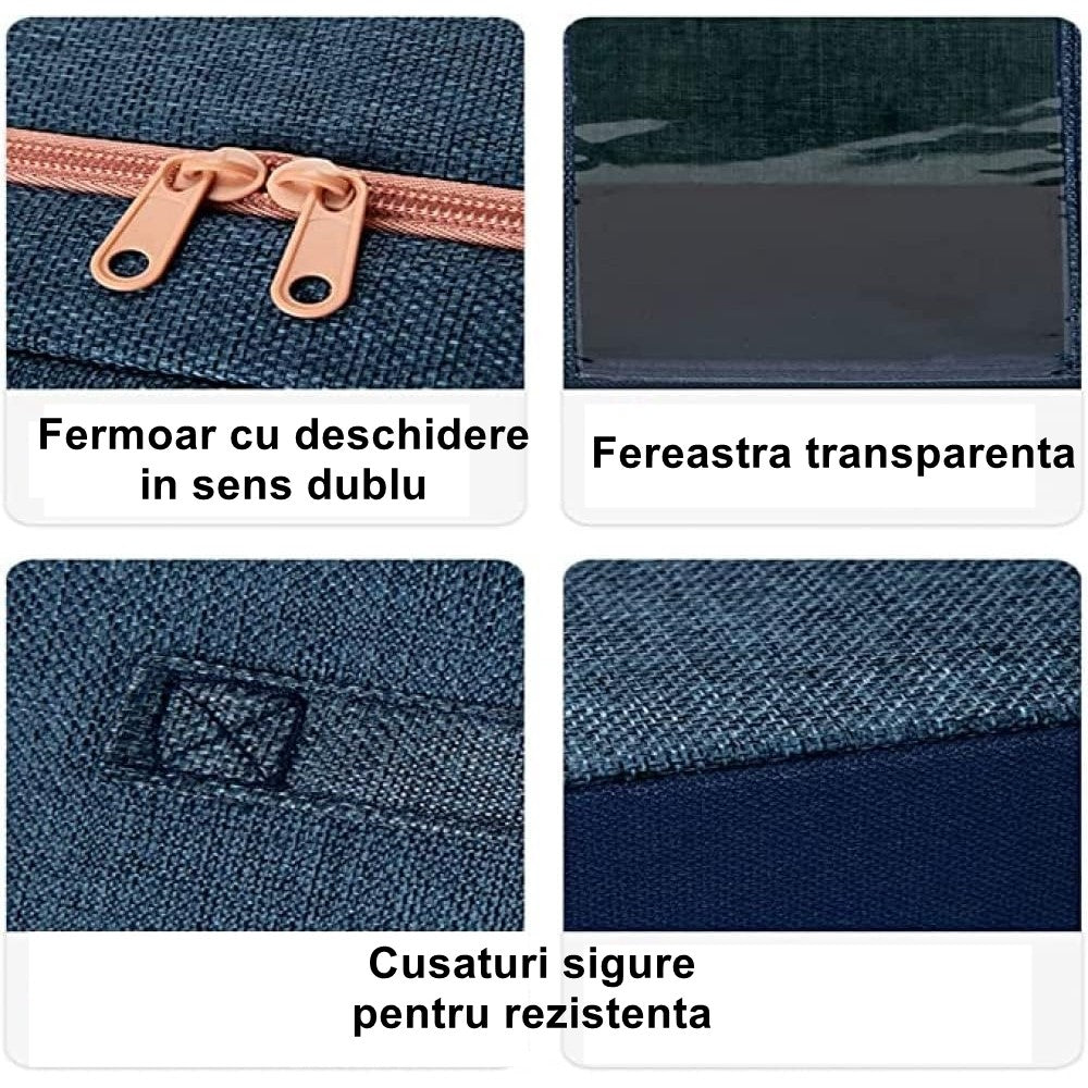 Cutie de Depozitare Pliabila, Flippy, Cu Fermoar, 24 L, Textil, 40x30x20 cm, Cadru Metalic, Suport Baza Stabil din Plastic, Albastru Marin cu Doua Ferestre