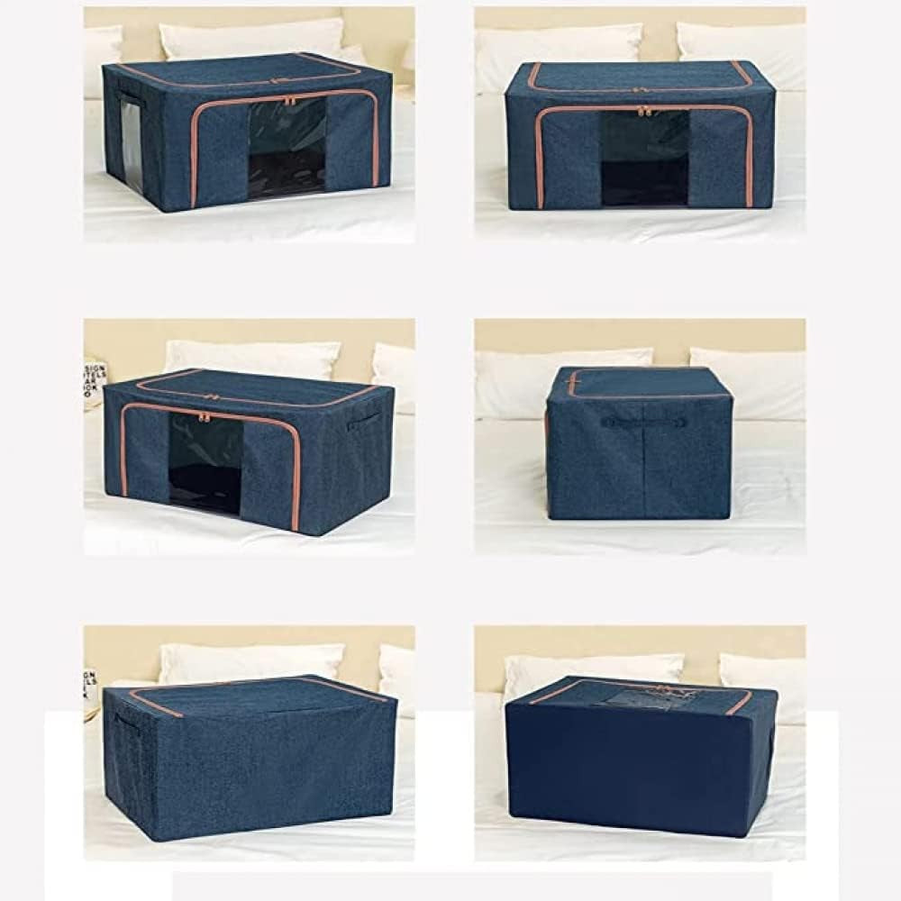 Cutie de Depozitare Pliabila, Flippy, Cu Fermoar, 24 L, Textil, 40x30x20 cm, Cadru Metalic, Suport Baza Stabil din Plastic, Albastru Marin cu Doua Ferestre