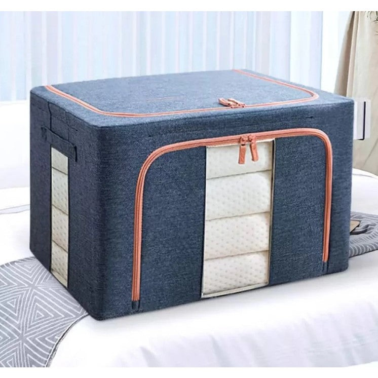 Cutie de Depozitare Pliabila, Cu Fermoar, 24 L, Textil, 40x30x20 cm, Cadru Metalic, Suport Baza Stabil din Plastic, Albastru Marin cu Doua