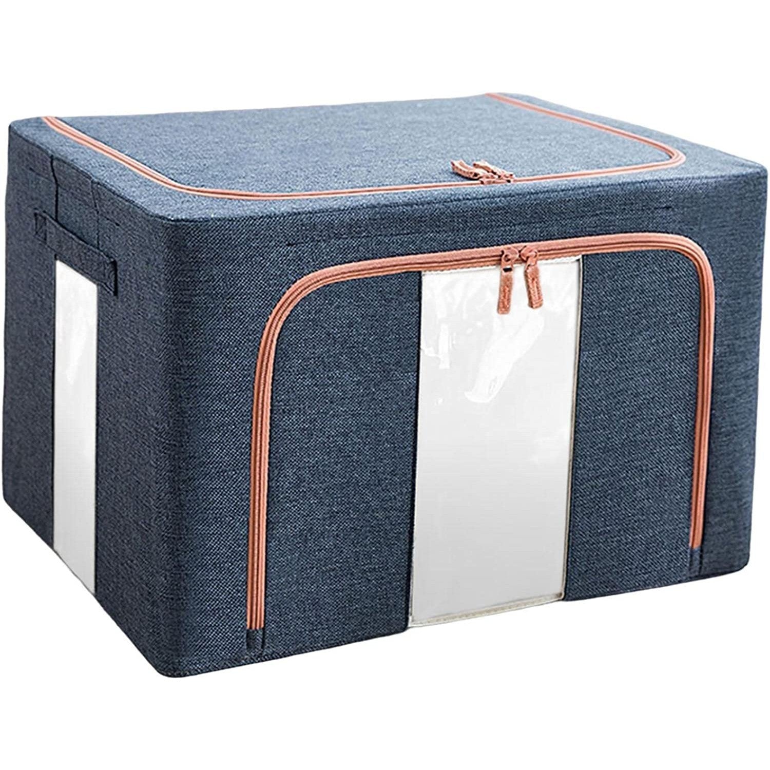 Cutie de Depozitare Pliabila, Cu Fermoar, 24 L, Textil, 40x30x20 cm, Cadru Metalic, Suport Baza Stabil din Plastic, Albastru Marin cu Doua