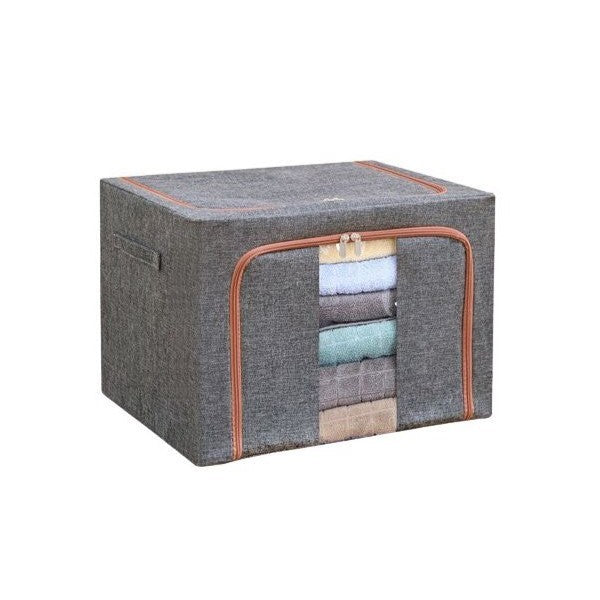 Cutie de Depozitare Pliabila, 24 L, din Bumbac si In, 40x30x20 cm, Fereastra Frontala, 2 Usi de Acces cu Fermoar Bidirectional, Cadru Metalic, Suport Baza Stabil din Plastic, Gri