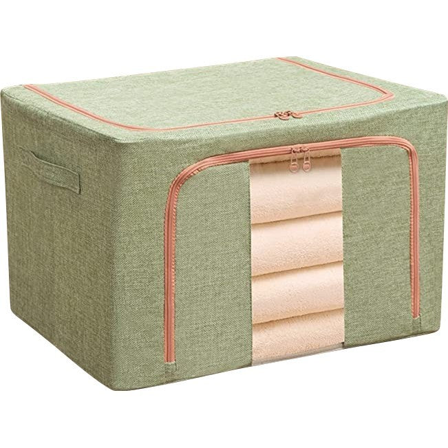 Cutie de Depozitare Pliabila, 24 L, din Bumbac si In, 40x30x20 cm, Fereastra Frontala, 2 Usi de Acces cu Fermoar Bidirectional, Cadru Metalic, Suport Baza Stabil din Plastic, Verde
