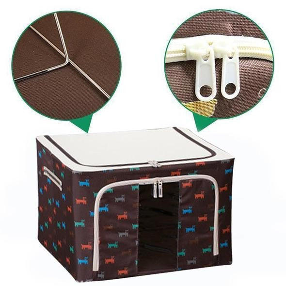 Cutie de Depozitare Pliabila, 24 L, Panza Oxford, 40x30x20 cm, Fereastra Frontala, 2 Usi de Acces cu Fermoar Bidirectional, Cadru Metalic, Suport Baza Stabil din Plastic, Imprimeu Catelus, Maro/Bej
