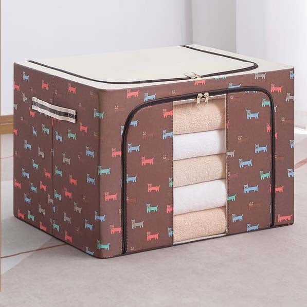 Cutie de Depozitare Pliabila, 24 L, Panza Oxford, 40x30x20 cm, Fereastra Frontala, 2 Usi de Acces cu Fermoar Bidirectional, Cadru Metalic, Suport Baza Stabil din Plastic, Imprimeu Catelus, Maro/Bej
