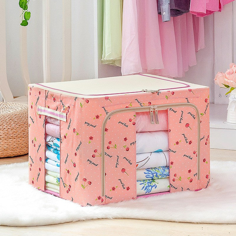 Cutie de Depozitare Pliabila, 24 L, Panza Oxford, 40x30x20 cm, Fereastra Frontala, 2 Usi de Acces cu Fermoar Bidirectional, Cadru Metalic, Suport Baza Stabil din Plastic, Imprimeu Cirese, Roz