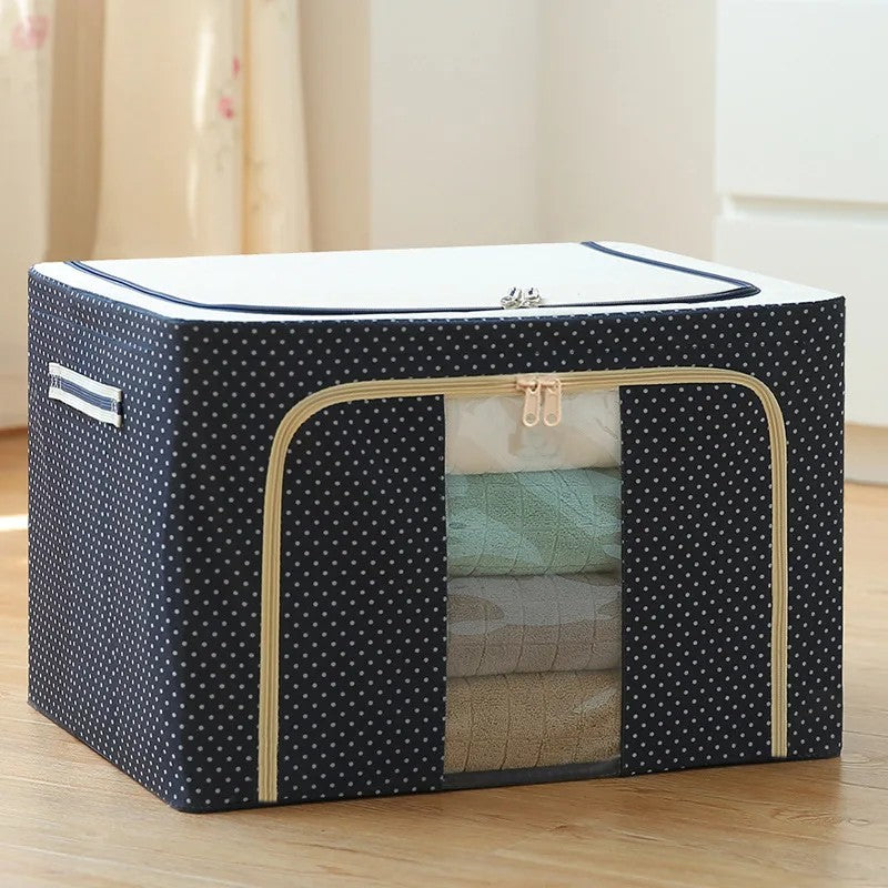 Cutie de Depozitare Pliabila, Cu Fermoar, 66 L, Textil, 50 x 40 x 33 cm, Cadru Metalic, Suport Baza Stabil din Plastic, Imprimeu Buline, Albastru Marin