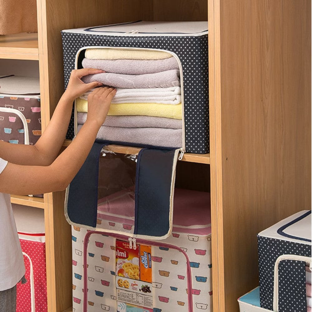 Cutie de Depozitare Pliabila, Cu Fermoar, 66 L, Textil, 50 x 40 x 33 cm, Cadru Metalic, Suport Baza Stabil din Plastic, Imprimeu Buline, Albastru Marin