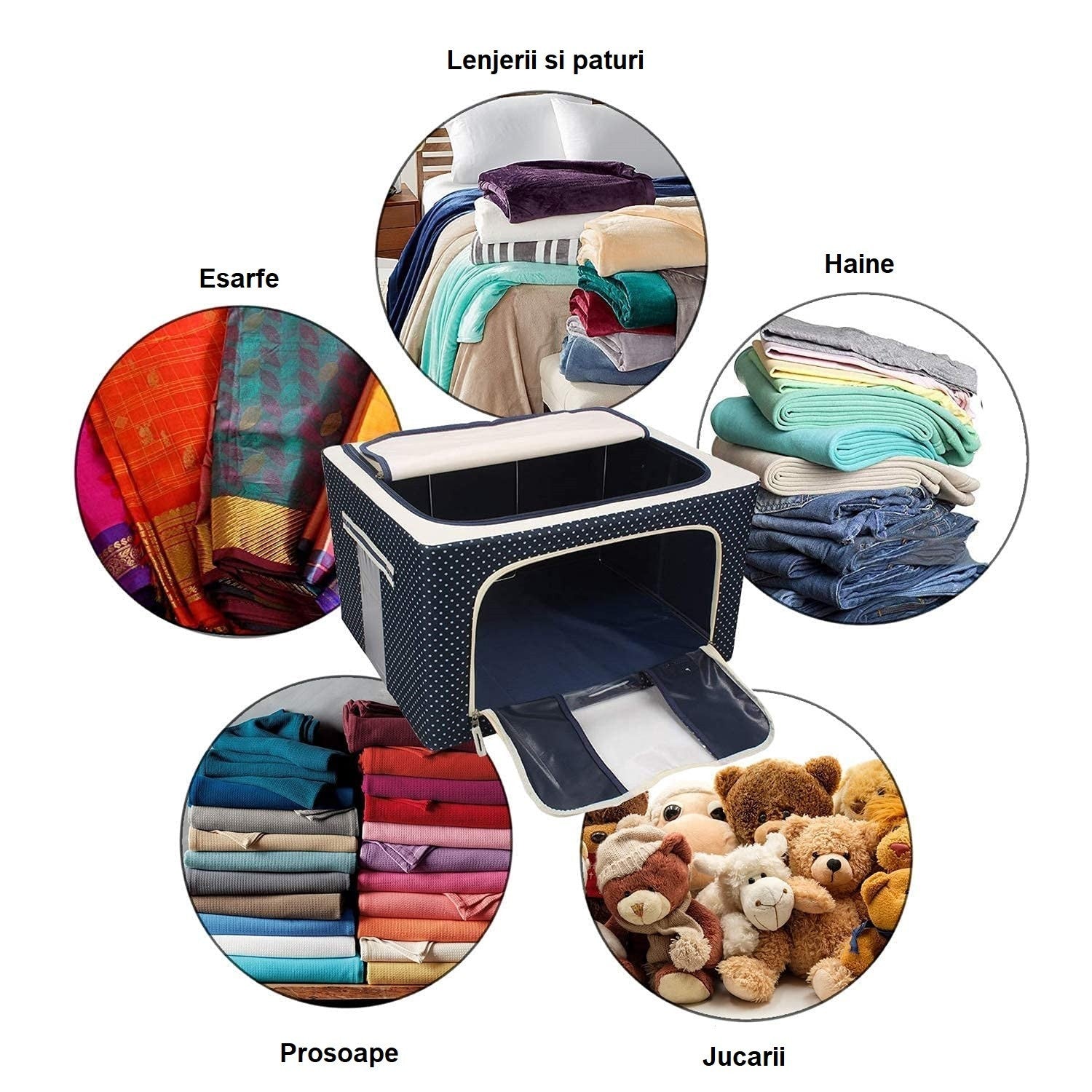 Cutie de Depozitare Pliabila, Cu Fermoar, 66 L, Textil, 50 x 40 x 33 cm, Cadru Metalic, Suport Baza Stabil din Plastic, Imprimeu Buline, Albastru Marin
