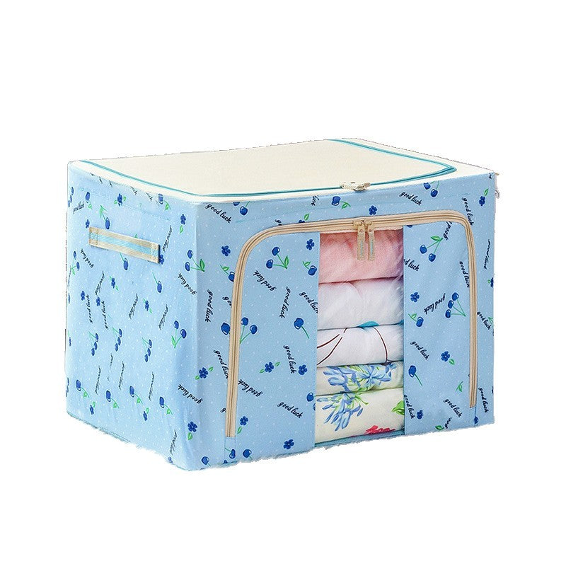 Cutie de Depozitare Pliabila, 66 L, din Tesatura Oxford, 50x40x33 cm, Fereastra Frontala, 2 Usi de Acces cu Fermoar Bidirectional, Cadru Metalic, Suport Baza Stabil din Plastic, Imprimeu Cirese, Albastru