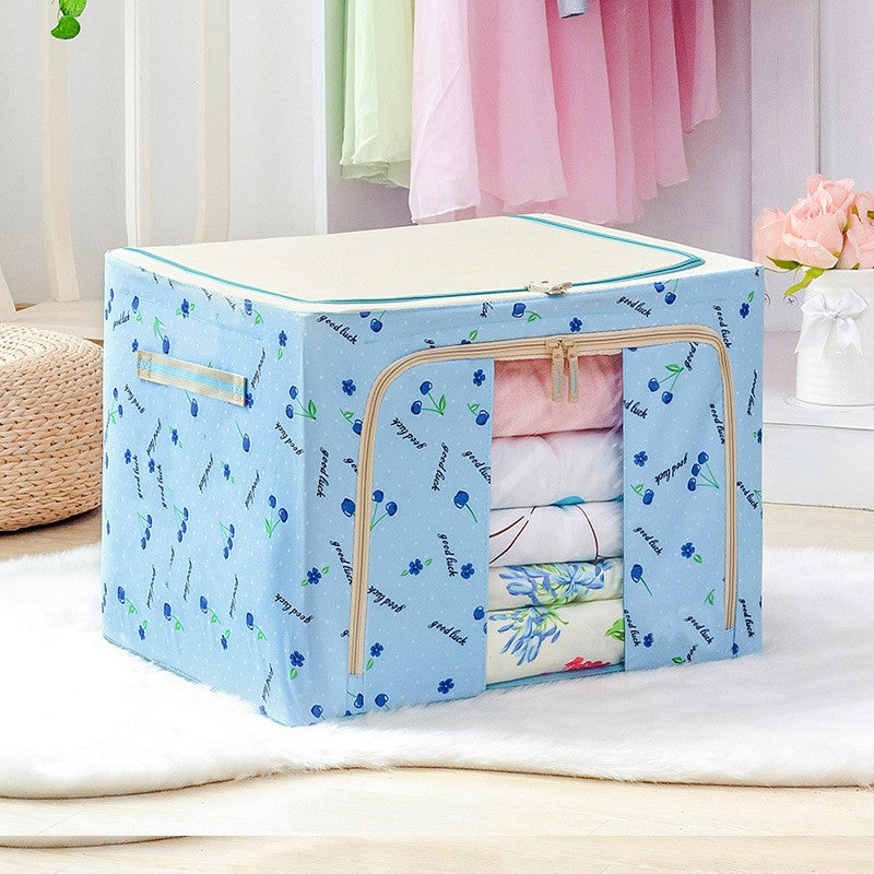 Cutie de Depozitare Pliabila, Flippy, 66 L, din Tesatura Oxford, 50x40x33 cm, Fereastra Frontala, 2 Usi de Acces cu Fermoar Bidirectional, Cadru Metalic, Suport Baza Stabil din Plastic, Imprimeu Cirese, Albastru