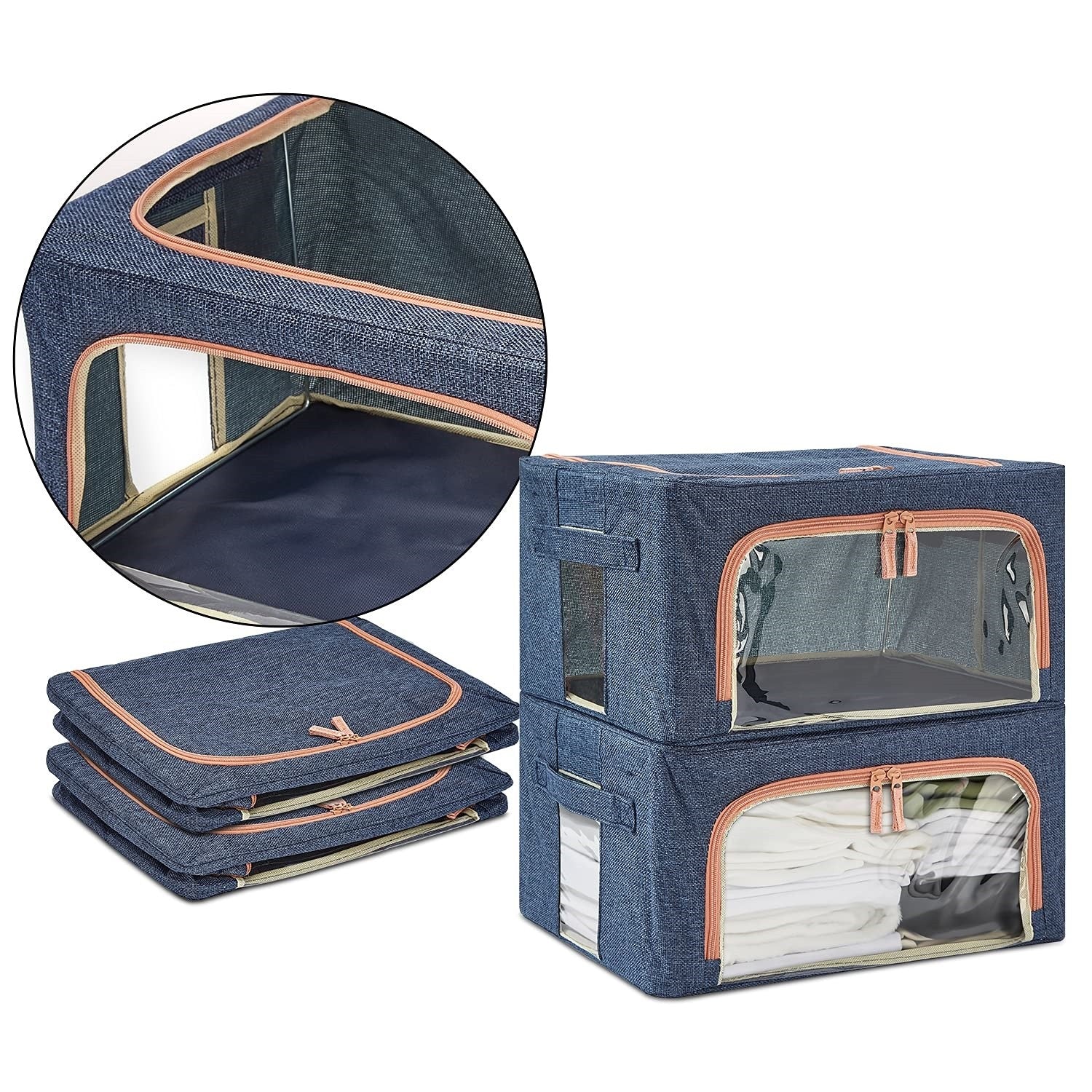 Cutie de depozitare pliabila, Cu fermoar, 66 L, Textil, 50x40x33 cm, Albastru Marin, Cadru Metalic, Suport Baza Stabil din Plastic, Cu doua ferestre