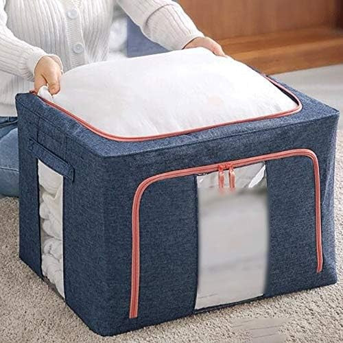 Cutie de depozitare pliabila, Cu fermoar, 66 L, Textil, 50x40x33 cm, Albastru Marin, Cadru Metalic, Suport Baza Stabil din Plastic, Cu doua ferestre