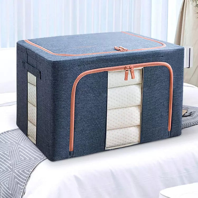 Cutie de depozitare pliabila, Cu fermoar, 66 L, Textil, 50x40x33 cm, Albastru Marin, Cadru Metalic, Suport Baza Stabil din Plastic, Cu doua ferestre