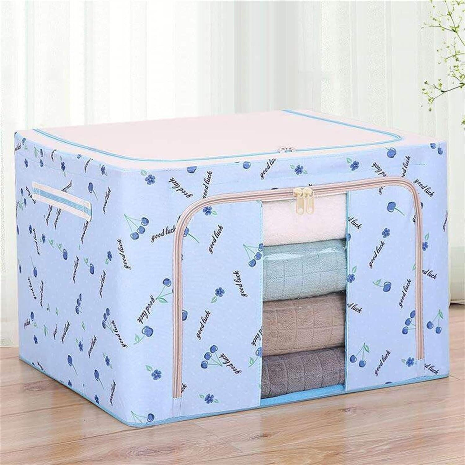 Cutie de Depozitare Pliabila, Cu Fermoar, 66 L, Textil, 50x40x33 cm, cu 2 Ferestre, Cadru Metalic, Suport Baza Stabil din Plastic, Imprimeu Cirese, Albastru